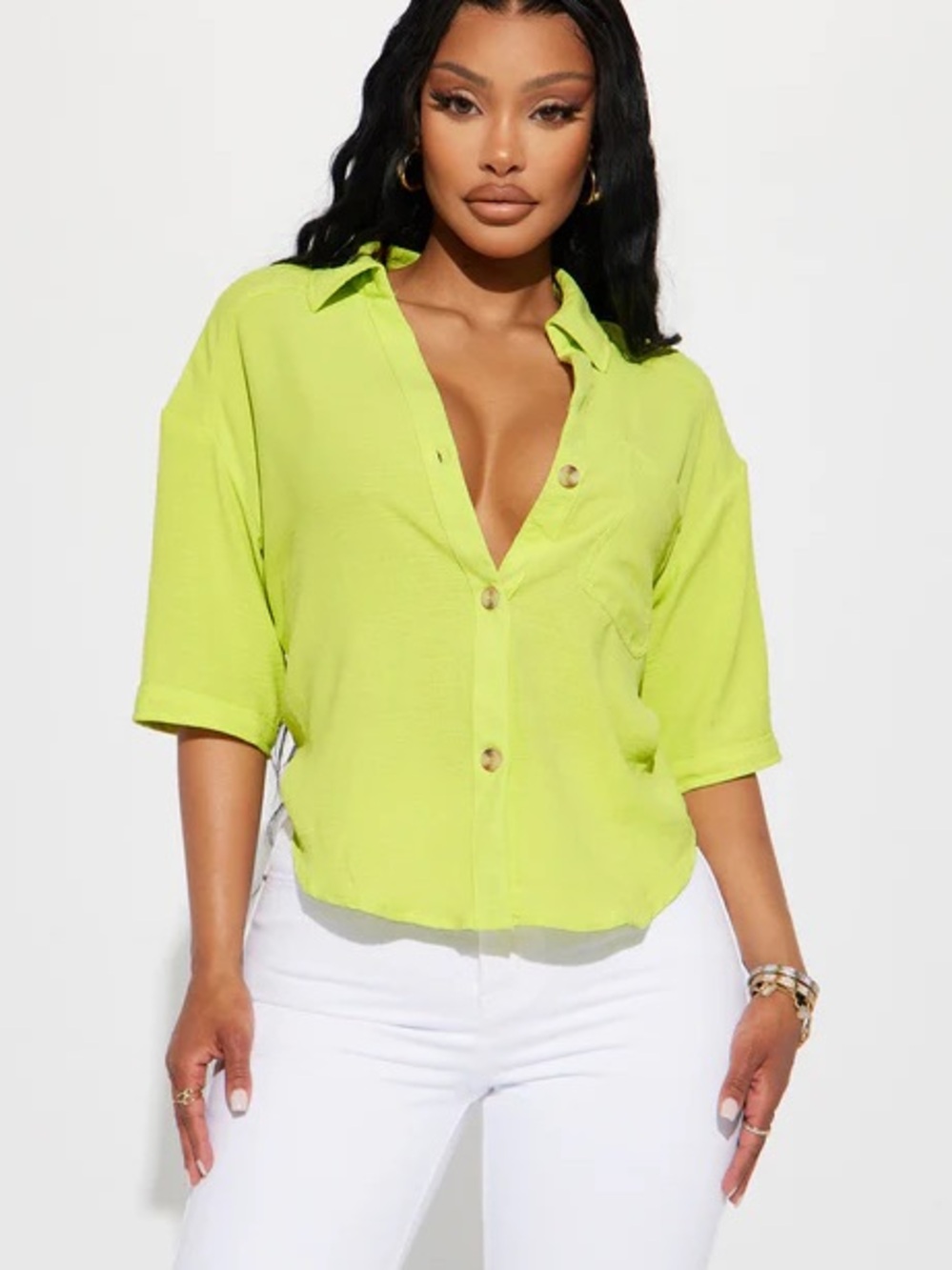 Lily Star Neon Lime Short Sleeve Button-Down Shirt twist